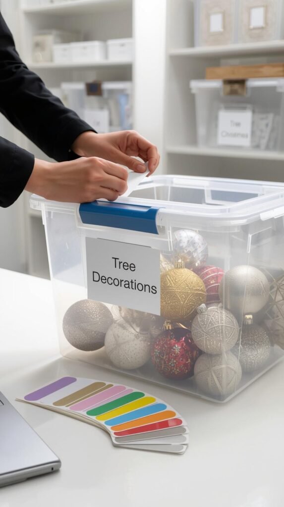 “Close-up of hands placing a printed label ‘Tree Decorations,’ color oranments.