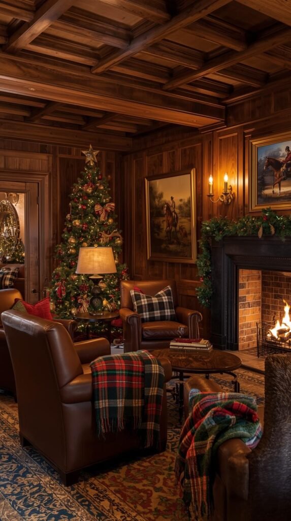 Ralph Lauren Christmas Cabin interior with leather armchairs, equestrian art, brass lighting, and plaid wool blankets. 