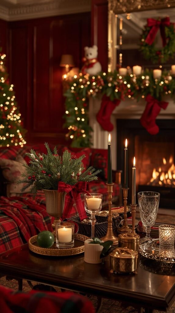 Ralph Lauren-inspired holiday living space mix of tartan textiles, gold accents, and warm lighting.