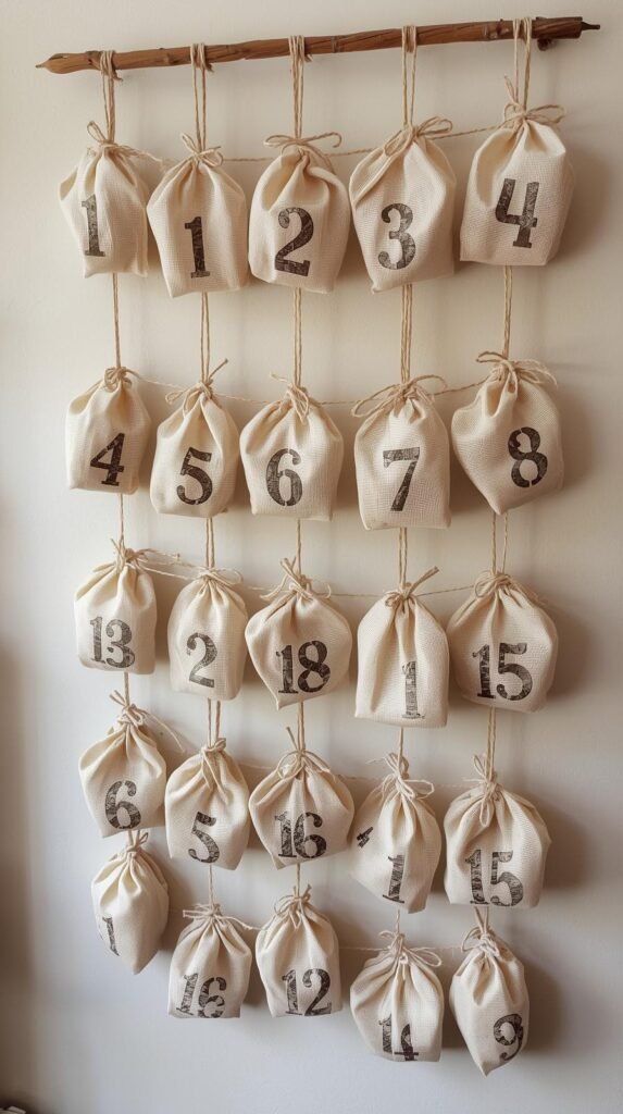 Reusable advent calendar made with muslin bags and wooden tags numbered 1–24, hung on a twine garland against a neutral wall.