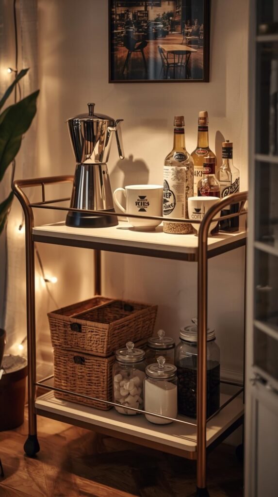 Rolling bar cart styled as a coffee station. Top shelf holds a coffee maker, mugs, and syrup bottles. 