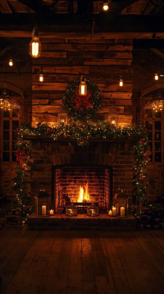 Room with rustic lanterns, candles, Edison bulb string lights, and mason jar fixtures. 