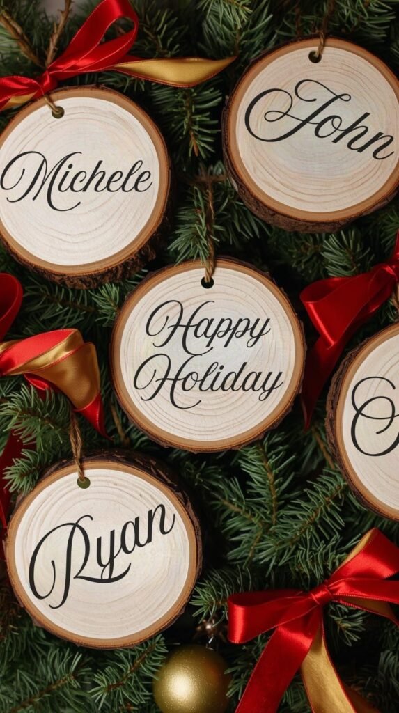A close-up of hand-painted wooden ornaments with names and holiday phrases in modern calligraphy, surrounded by ribbons and pine branches.