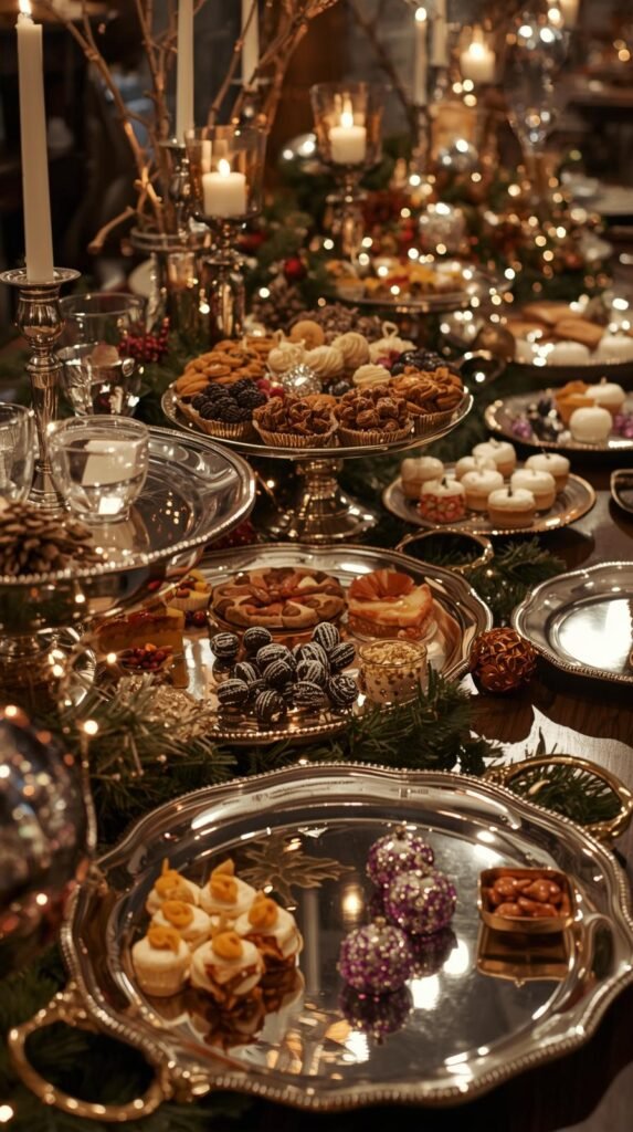 Shiny silver trays displayed on a holiday buffet table topped with candles, ornaments, and desserts, reflecting soft twinkle lights.