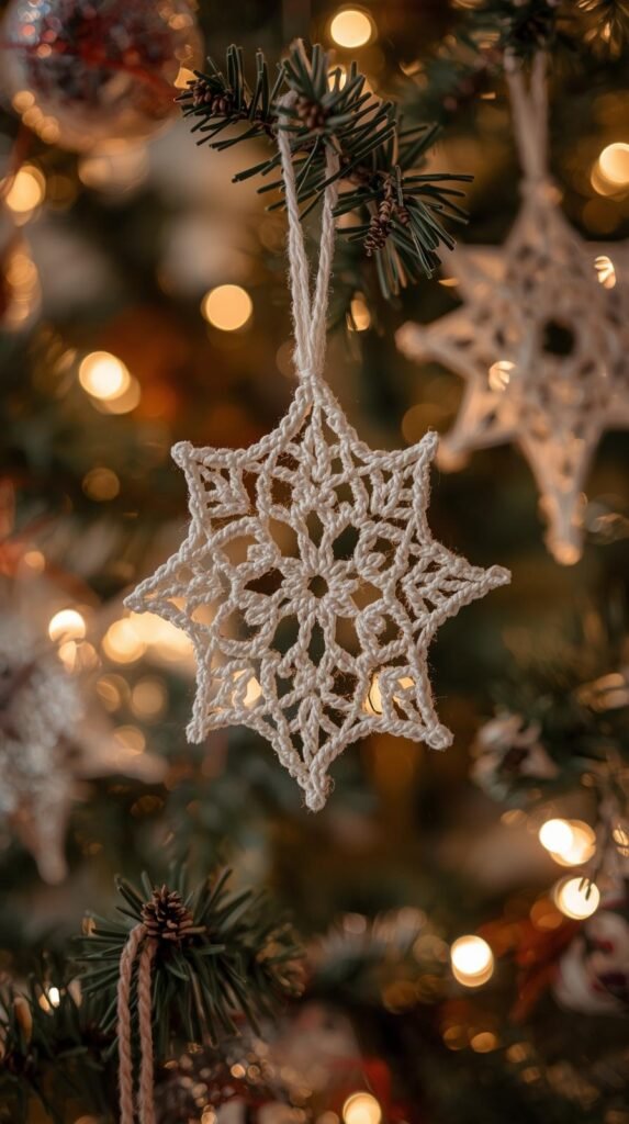 Small crochet snowflakes and yarn stars hanging on a Christmas tree with soft, warm lighting.