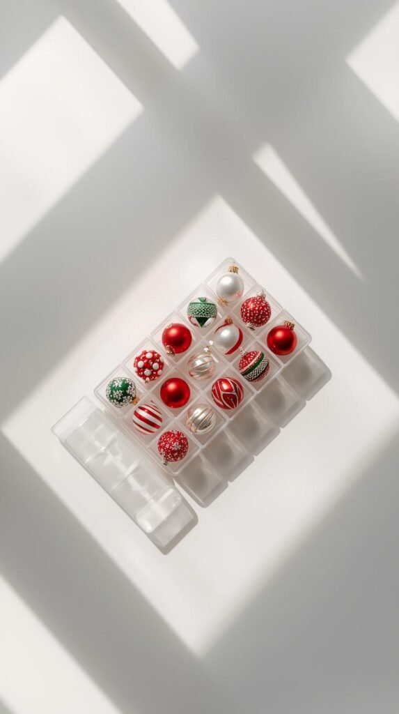 Small holiday figurines and candles placed inside a multi-compartment organizer with adjustable dividers.