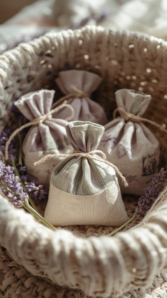 Small lavender sachets sewn from linen and cotton fabric scraps, filled and tied neatly, displayed in a woven basket.