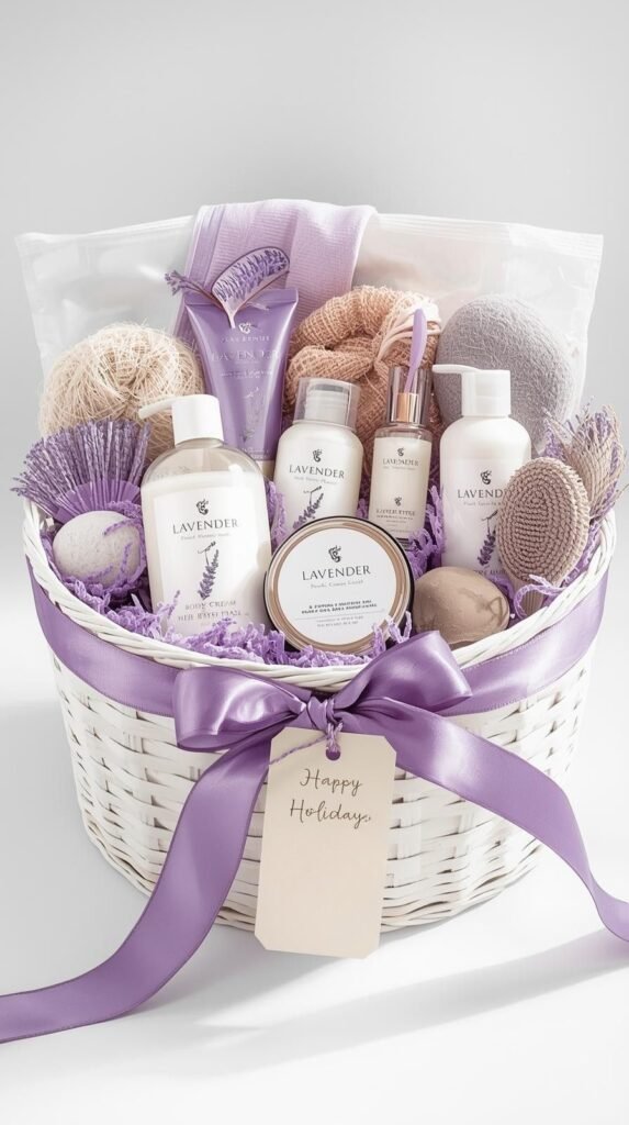 Spa gift basket arranged in a woven white basket tied with a purple satin ribbon. 