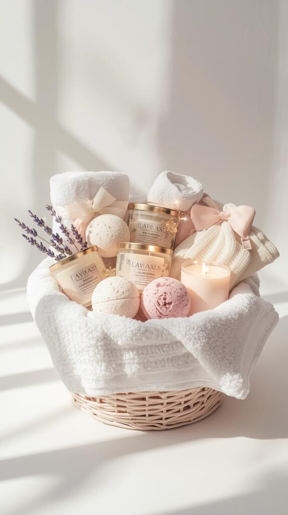 A neatly styled spa-themed Christmas basket filled with bath bombs, soy candles, fuzzy socks, and lavender sprigs. 