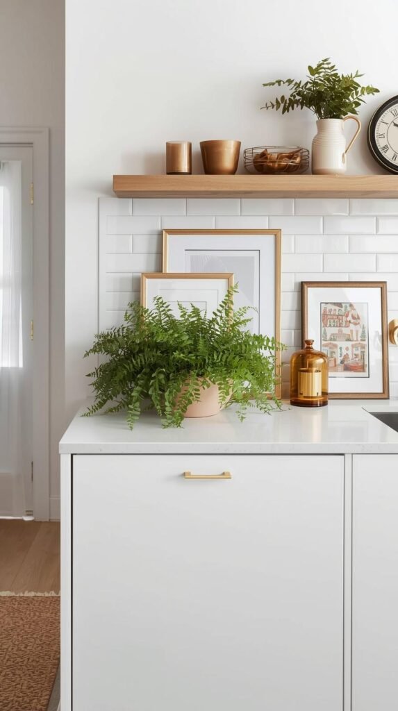 Styled kitchen counter with terracotta rug, ceramic planter with greenery, art prints, and brass accessories. 