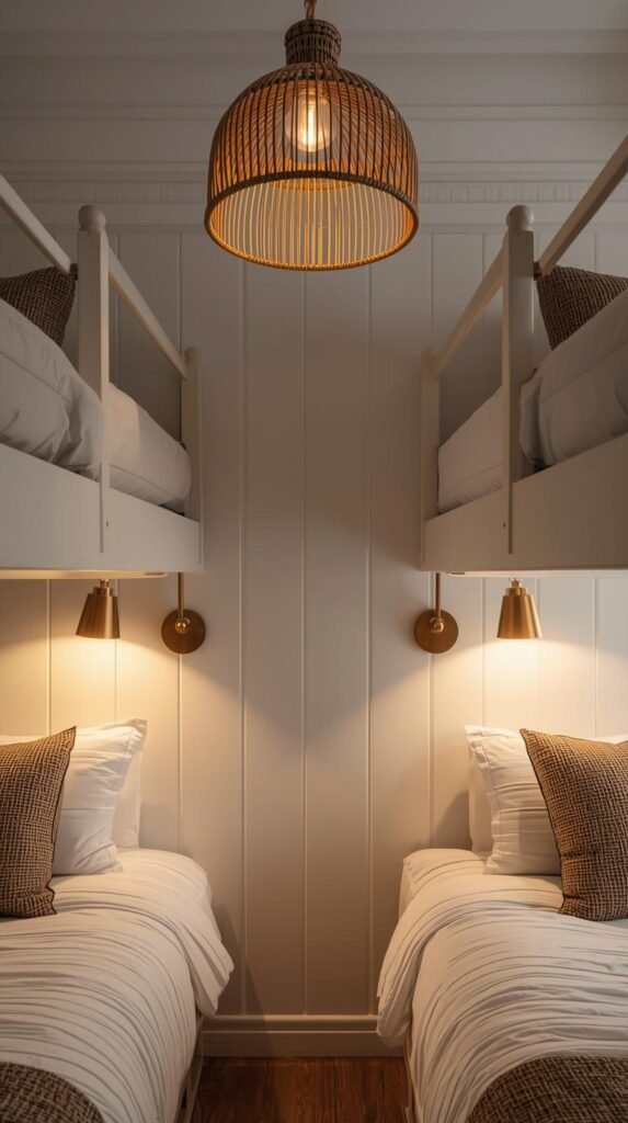 Stylish bunk room featuring rattan pendant lights and brass sconces over each bed, warm lighting glow against white walls, cozy and design-forward.