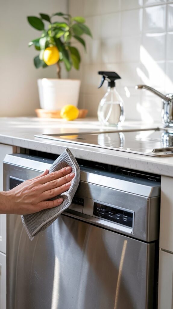 Stylized image of a modern kitchen with a spotless stainless-steel dishwasher front. 