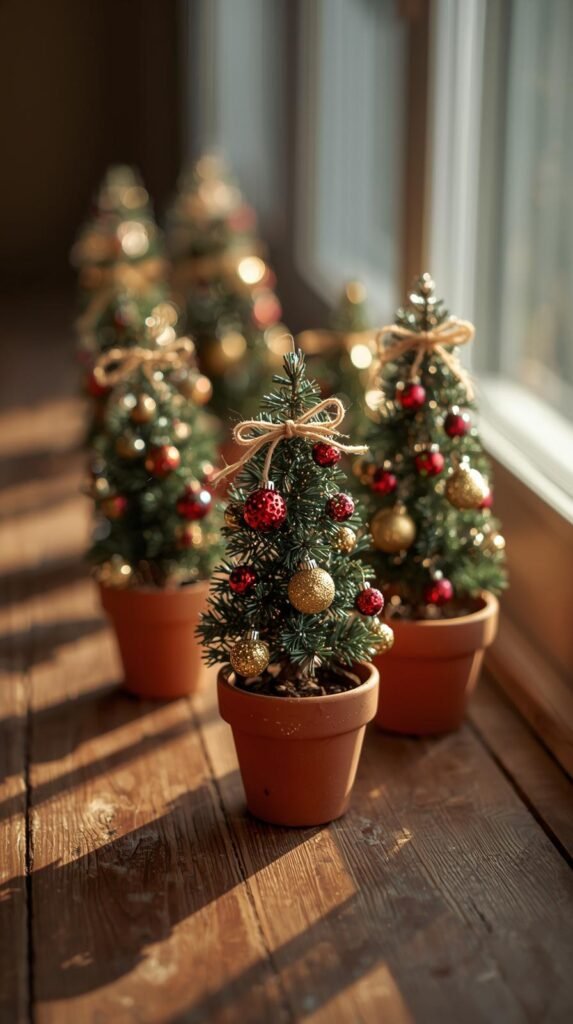 Tabletop Christmas trees in small pots, styled with mini ornaments and twine bows, displayed on a wooden table near a window with cozy lighting.