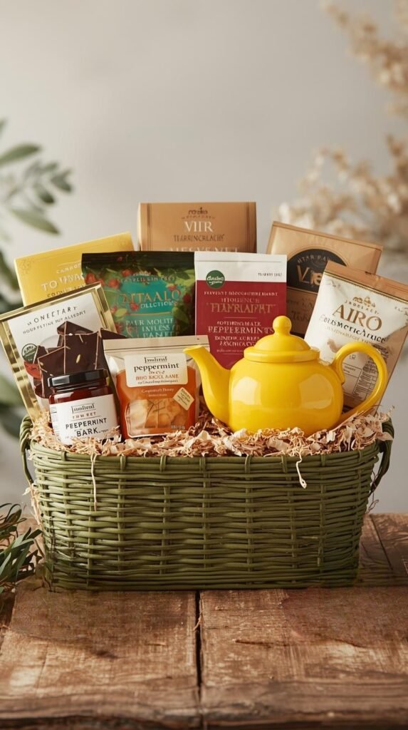 A cozy tea lover’s gift basket displayed on a wooden table, featuring a bright yellow teapot as the centerpiece. 