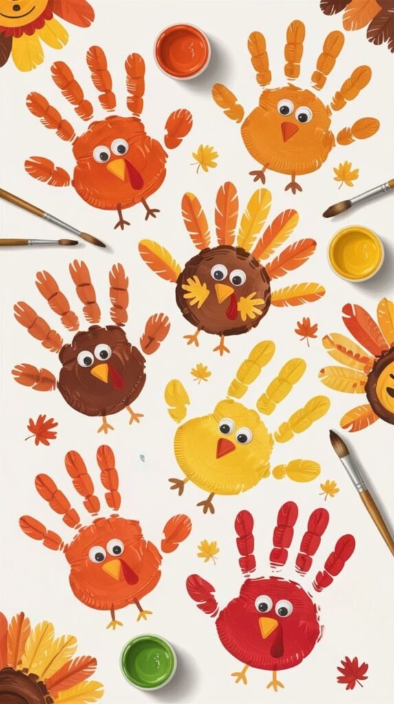 Children’s handprints transformed into painted turkeys on white cardstock. 