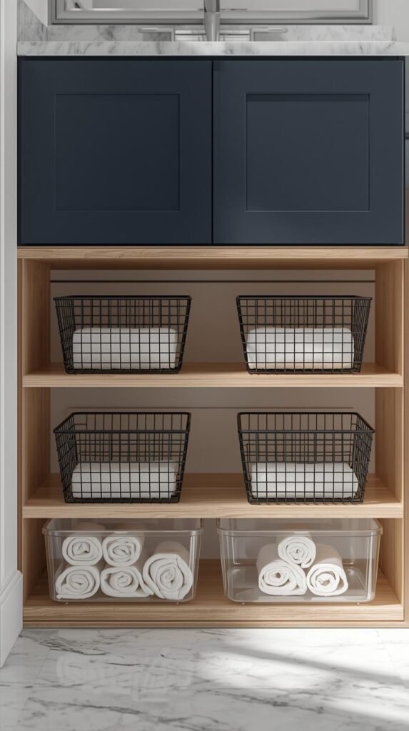 Under sink vanity area with open wood shelving holding black wire baskets, rolled towels and labeled acrylic bins.