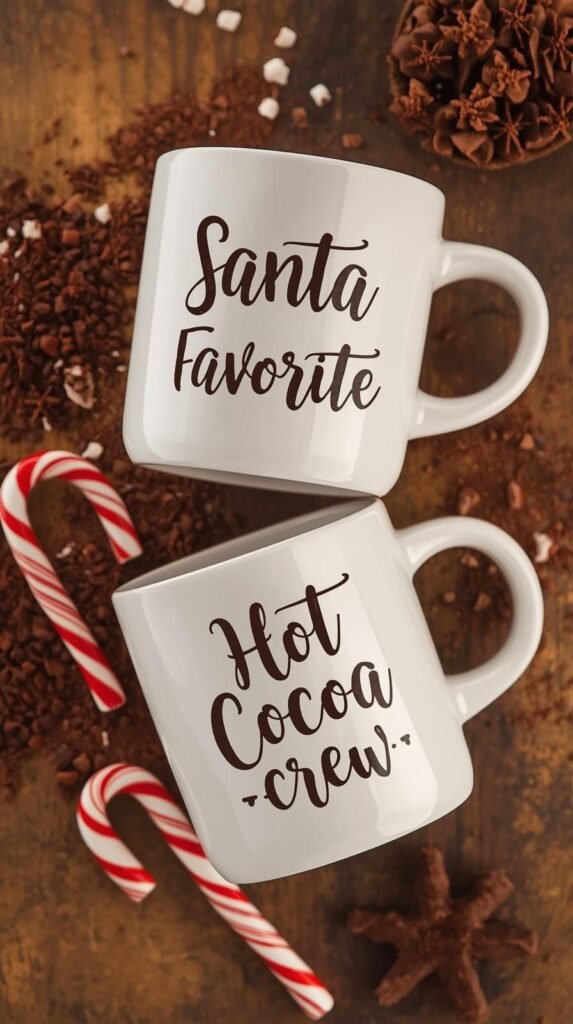 White mugs with Cricut vinyl text like Santa’s Favorite and Hot Cocoa Crew, styled next to cocoa mix and candy canes.