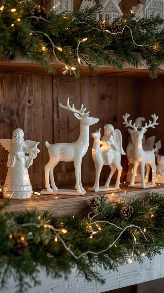 White-painted ceramic reindeer and angels displayed on a wooden shelf with twinkle lights and evergreen garland for a cozy winter village effect.