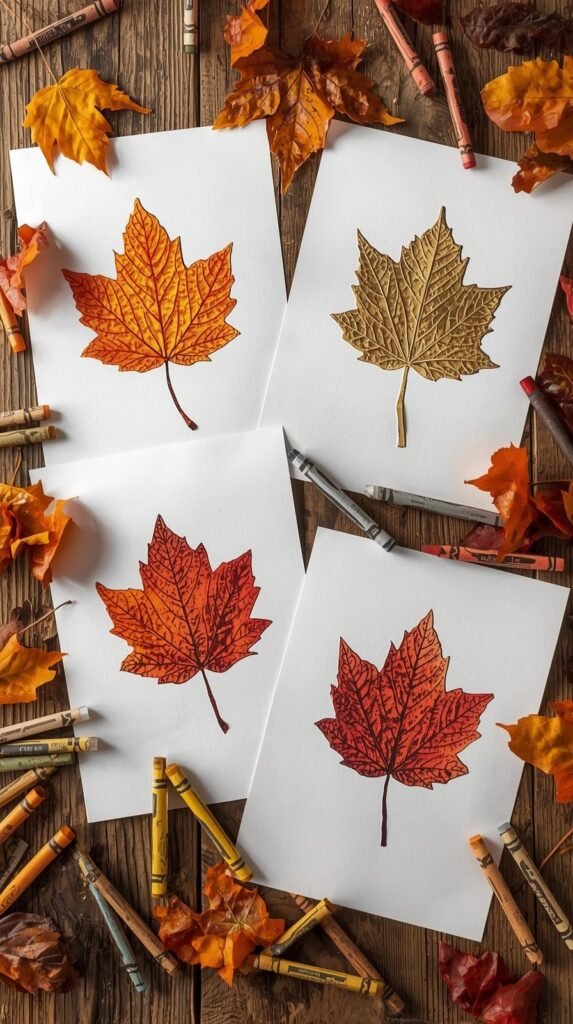 White paper sheets showing leaf rubbings in orange, gold, and red crayon hues. 