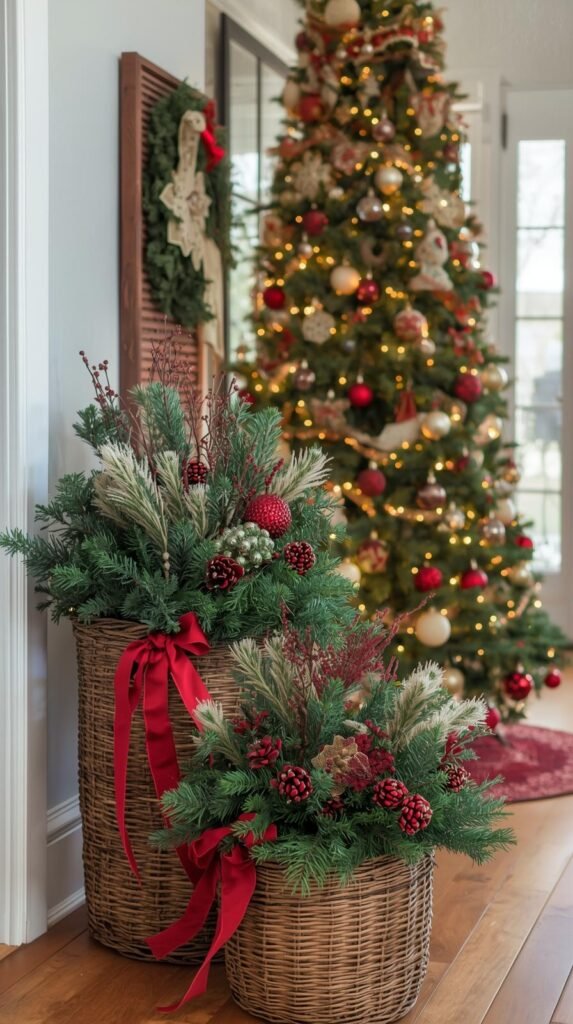 Wicker baskets filled with cozy blankets, wrapping paper rolls, and greenery sitting beside a Christmas tree in a welcoming entryway.