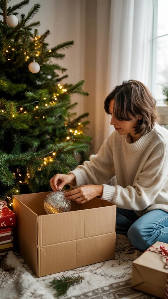 A women gently wrapping string lights and packing ornaments into padded boxes near a Christmas tree. 