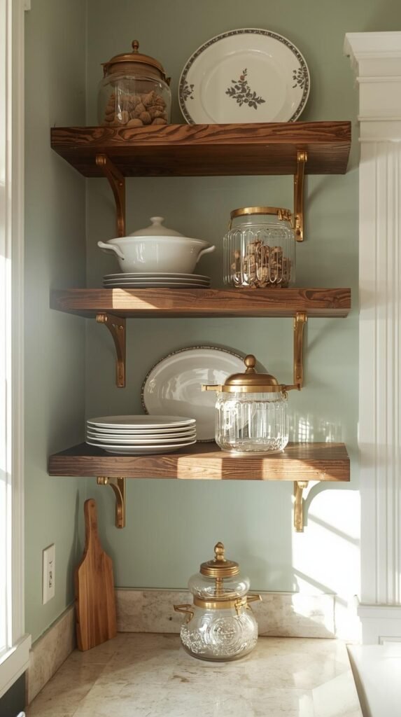 Wood floating shelves displaying colorful vintage dishes, cookbooks, and canisters.