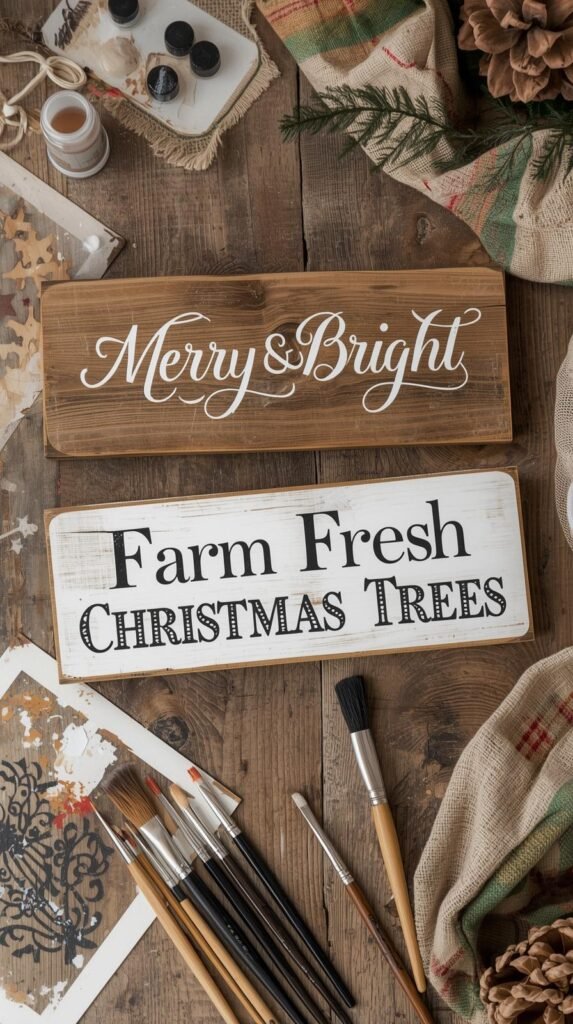 Wooden signs reading “Merry & Bright” and “Farm Fresh Christmas Trees” displayed on a craft table with paint brushes and stencils nearby.