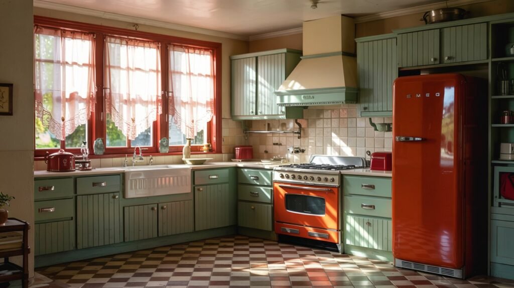 A bright vintage kitchen in soft pastels, featuring mint-green cabinets, chrome hardware, a retro SMEG fridge, and checkerboard flooring.