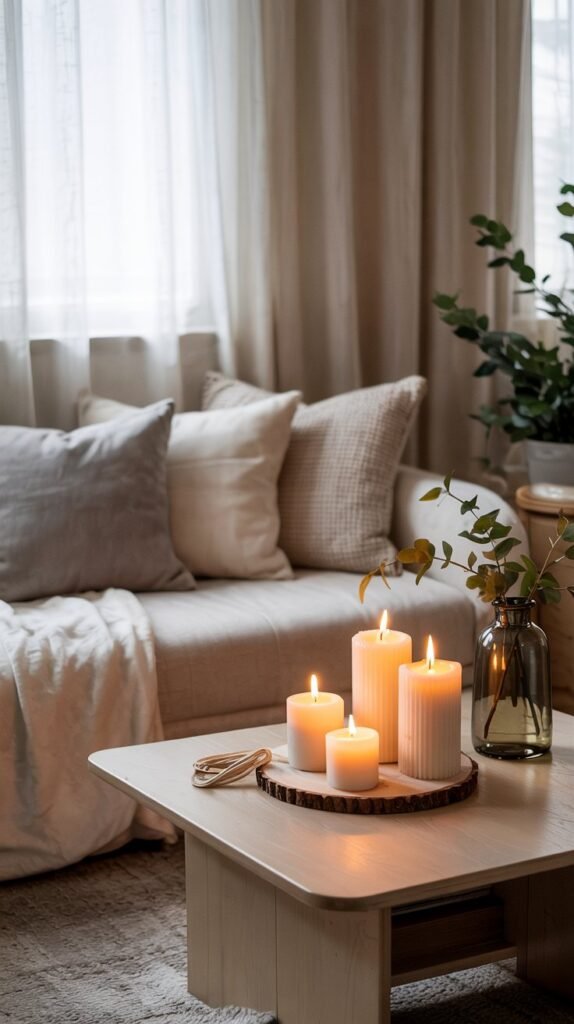 A minimalist living room styled for winter with beige sofa, neutral throw pillows, faux greenery, and candles on a coffee table. 