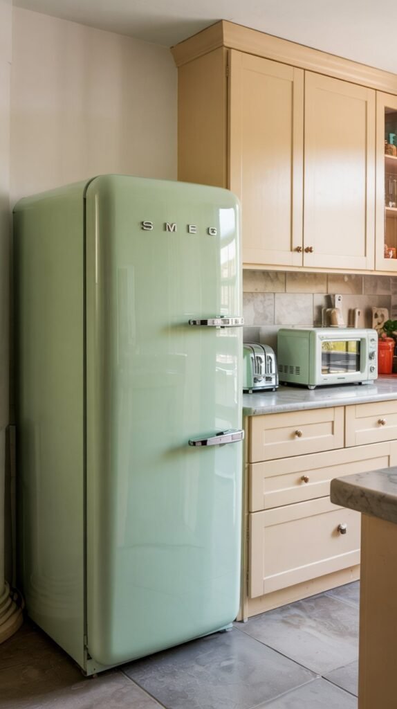 A mint SMEG refrigerator beside cream cabinets, with a matching retro microwave and chrome toaster on the counter.