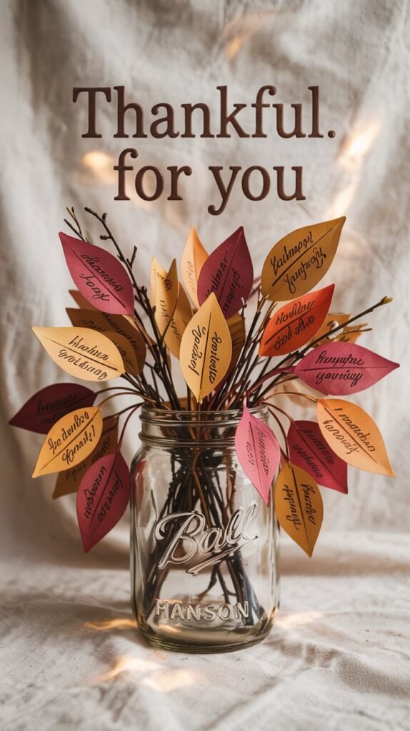A mason jar filled with twigs decorated with hanging paper leaves in fall colors. Each leaf has handwritten thankful notes.