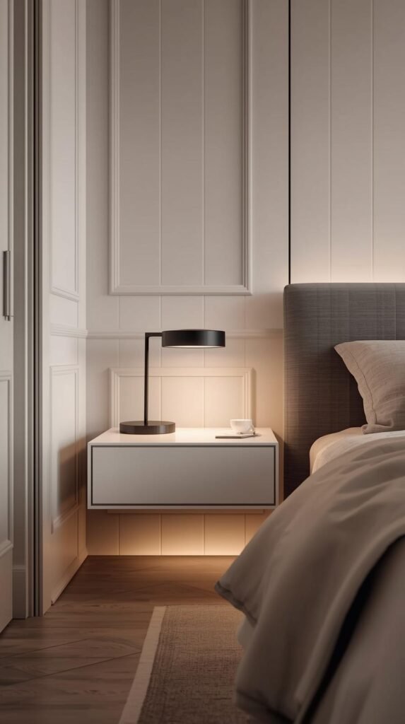 bedroom with velvet textured floor to ceiling curtains with hidden tech.