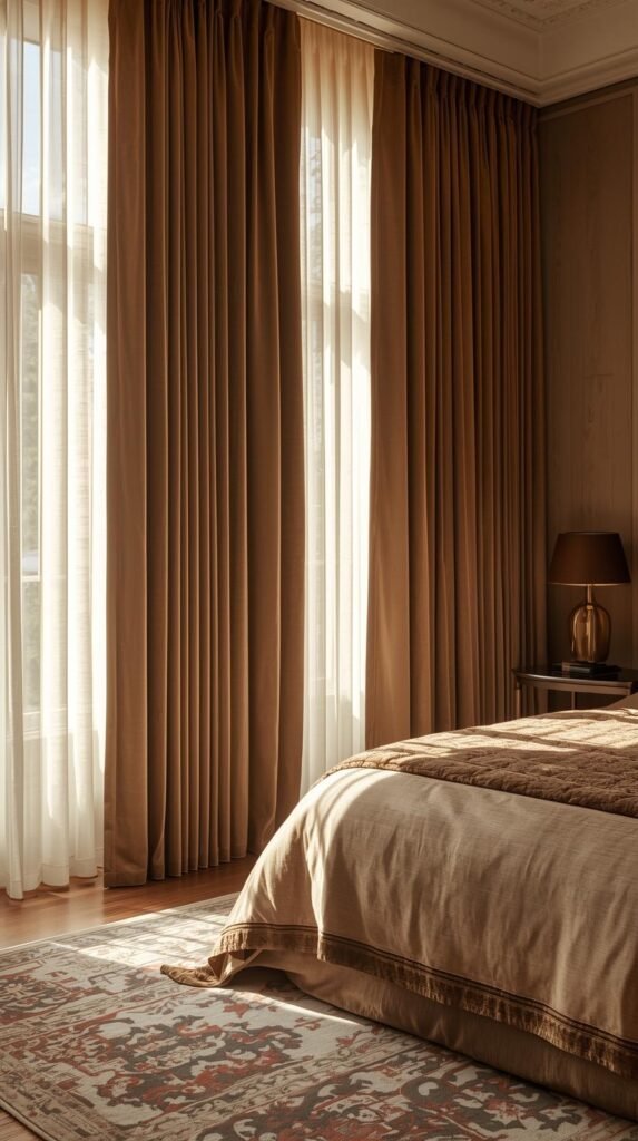 bedroom with velvet textured floor to ceiling curtains with layered natural lighting.