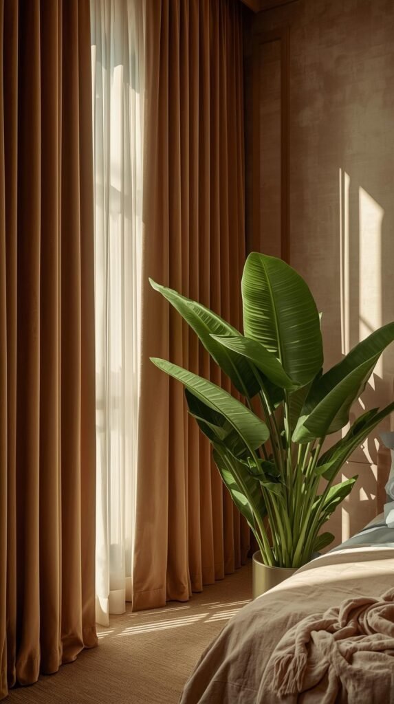 Bedroom with velvet textured floor to ceiling curtains with layered natural lighting and oversized plants.