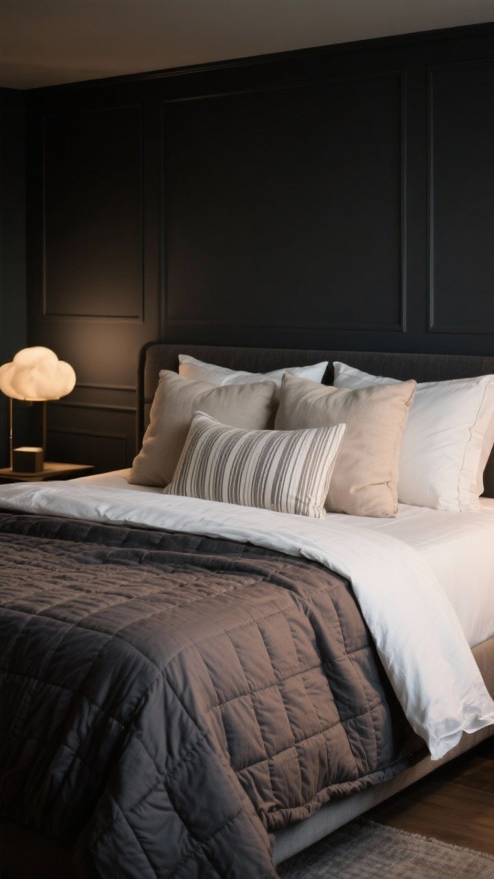Medium shot of the bed: Cozy, balanced bedding against dark charcoal walls—ivory sheets, taupe quilt layered beneath a charcoal duvet folded at the foot; subtle patterns like pinstripes on a pillowcase; a few oversized euro pillows to create a cloud-like, plush presence; warm, diffused evening light.