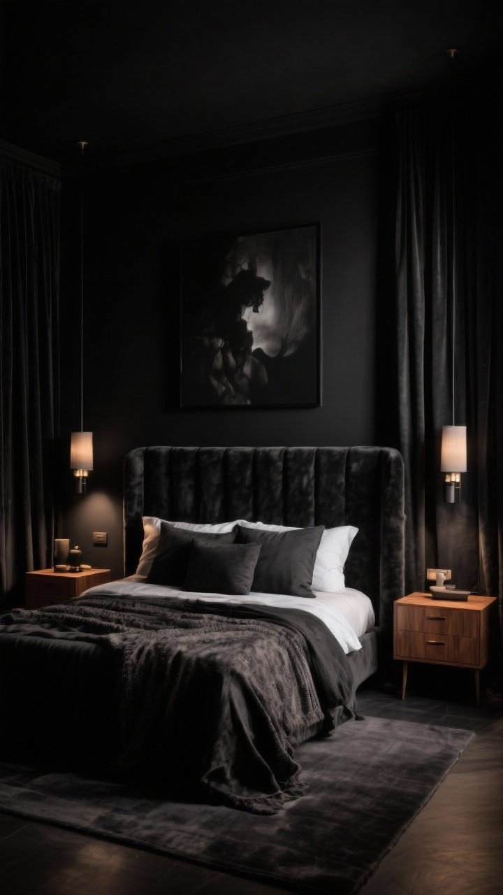 Wide shot (Conclusion vibe summary): A complete dark, moody bedroom that feels like a luxe hideaway—near-black matte walls, floor-to-ceiling curtains, an oversized velvet headboard, layered textures on the bed, low layered lighting with sconces and lamps on dimmers, curated nightstands, warm wood tones, a large moody artwork, and a calm, edited layout; nighttime scene with gentle, cinematic glow.