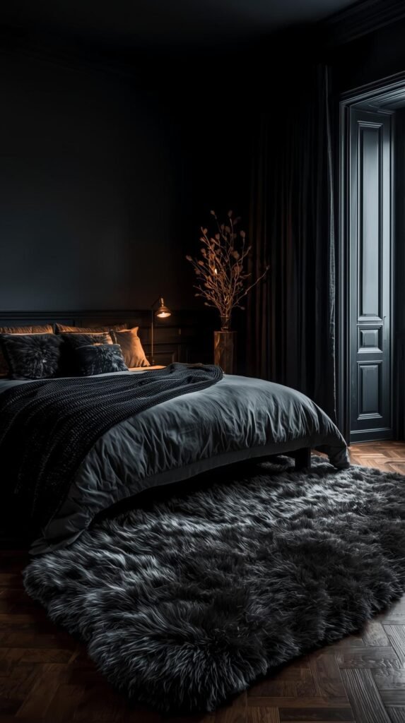 moody bedroom with a fury rug