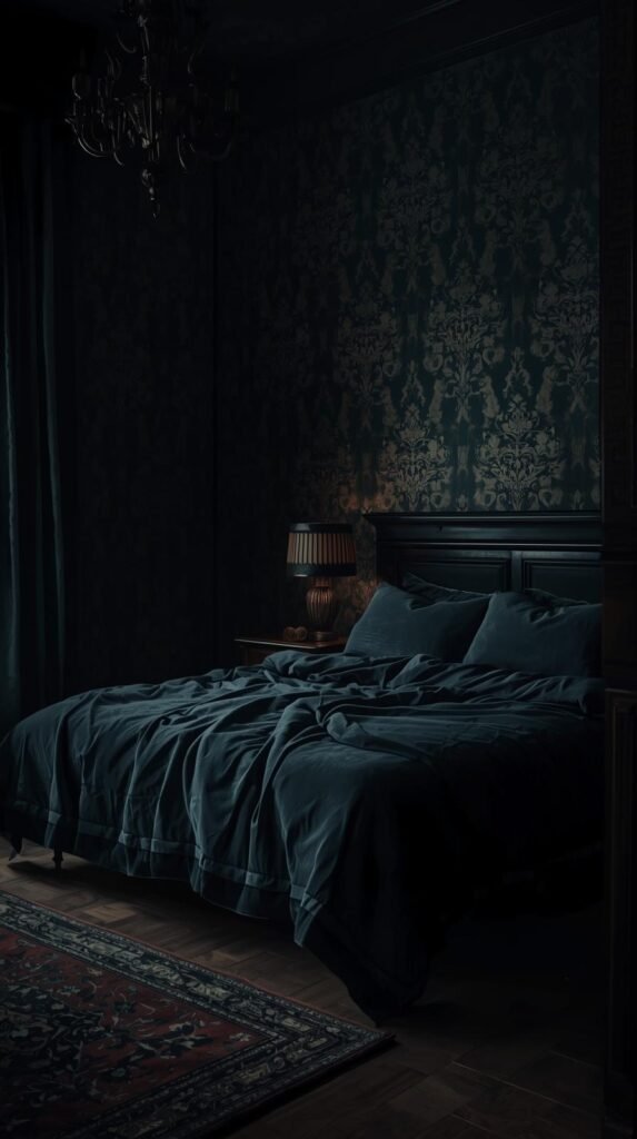 moody bedroom with dramatic wallpaper