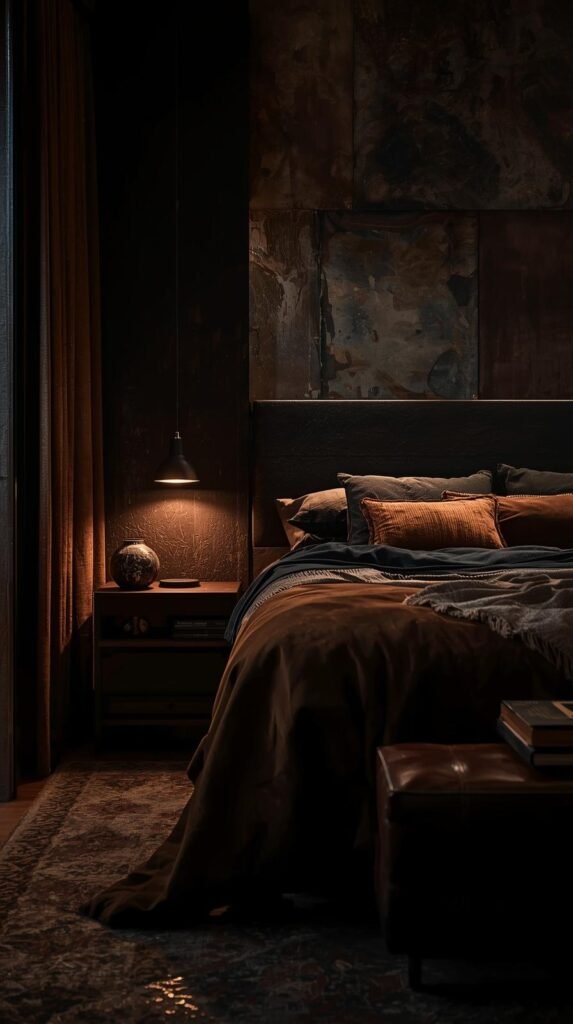 moody bedroom with mixed textures with layered lighting