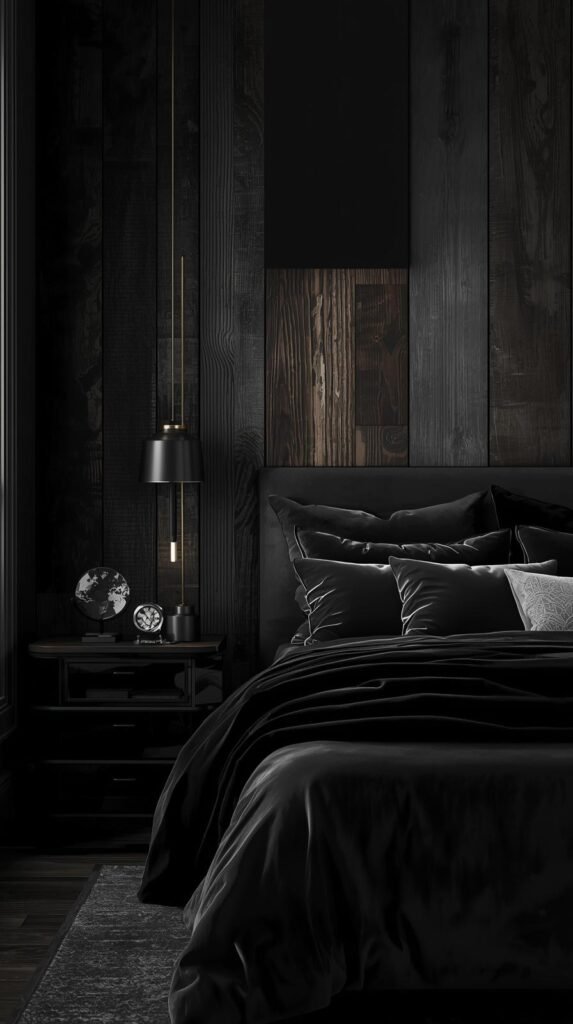 moody monochrome bedroom with mixed textures and layered lighting