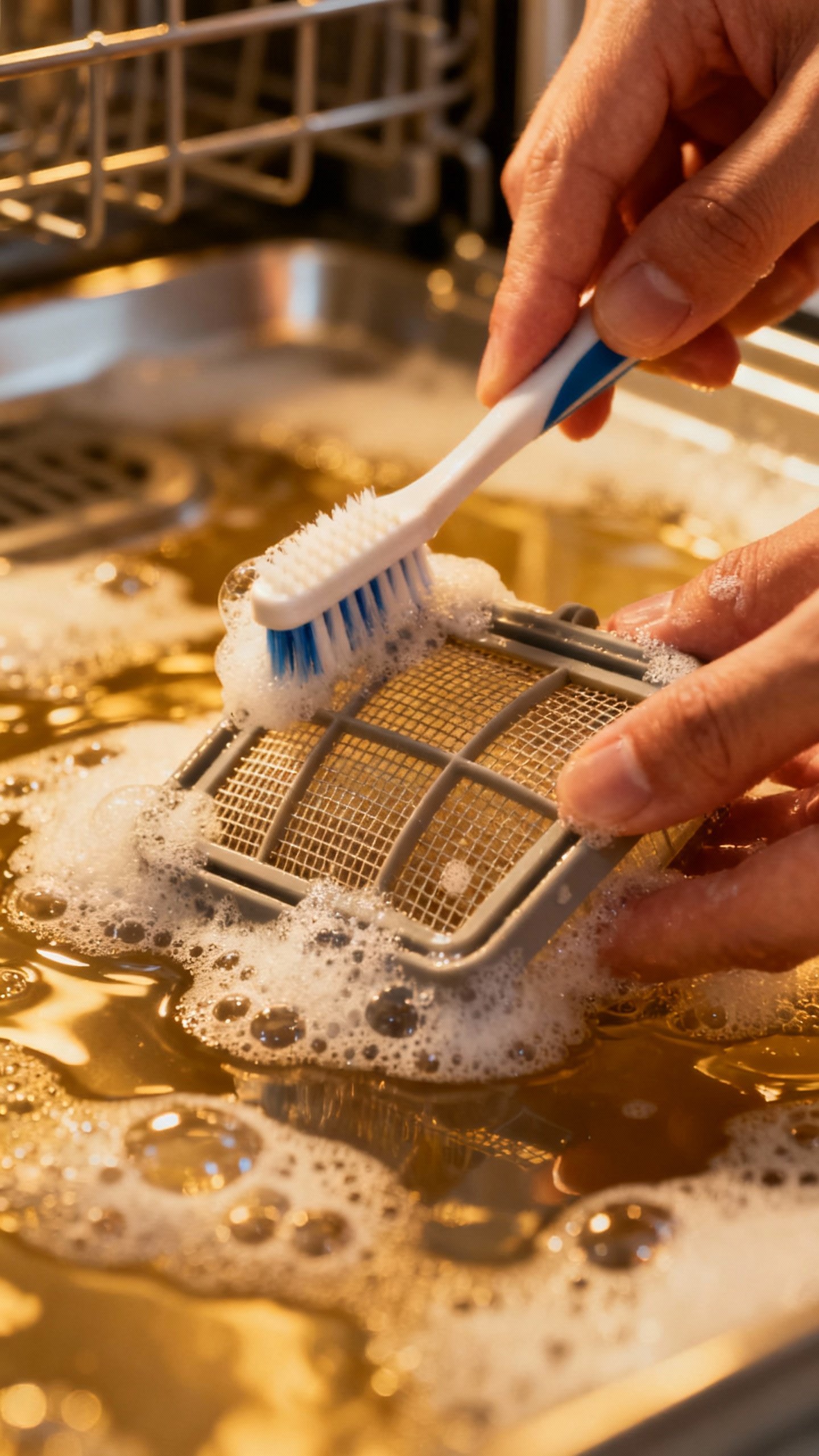 Closeup hands scrubbing dishwasher filter with toothbrush, warm soapy water