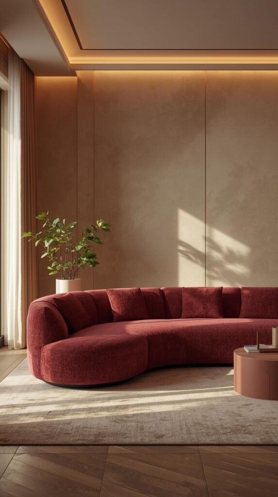 2026 interior design furniture trends. Warm layered lighting, a burgundy boucle sculptural curved sofa