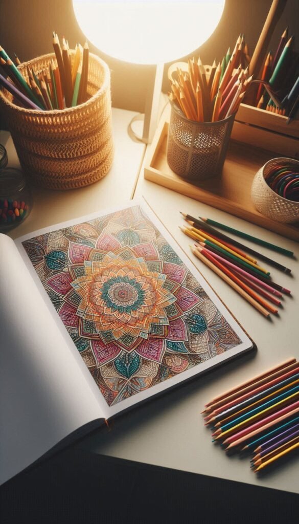 Adult coloring book open on a clean desk, mandala or abstract pattern being colored with muted tones, high-quality colored pencils neatly arranged