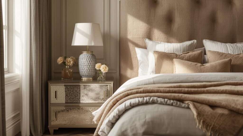 A beautifully styled bedroom with an upgraded nightstand and luxurious bed setup, layered bedding.