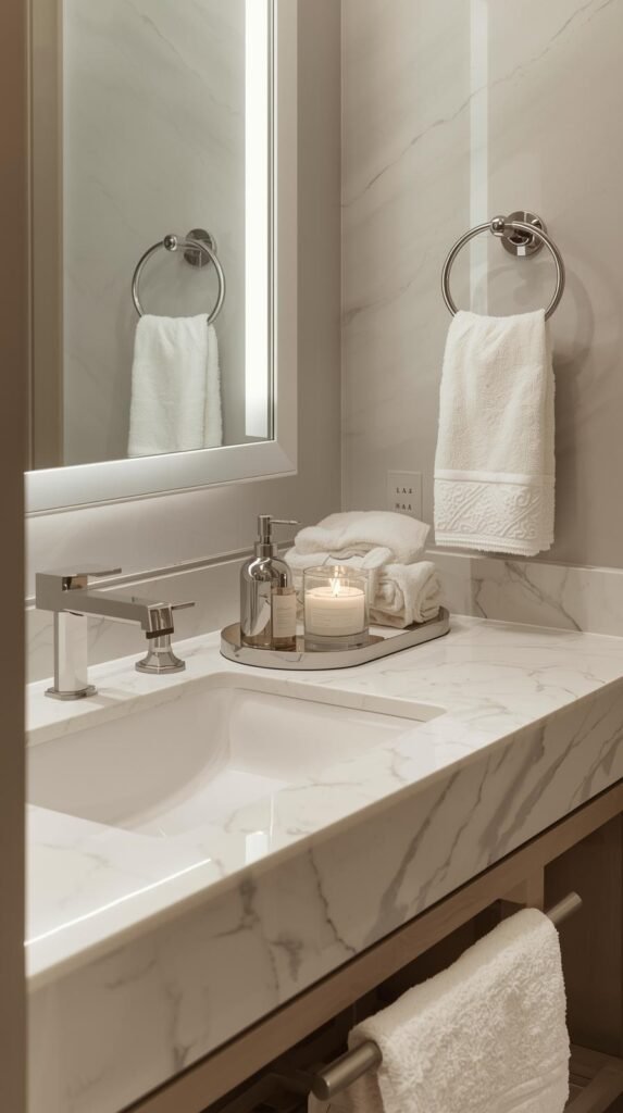 A bright bathroom vanity with chrome accessories including a soap dispenser, vanity tray, and towel hooks.