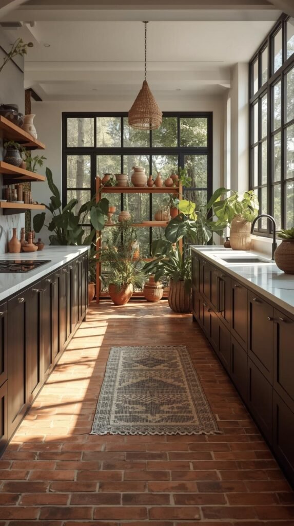 A bright eclectic kitchen layered with natural textures—warm brick floors, wooden accents, ceramic pottery, woven baskets and lush plants.
