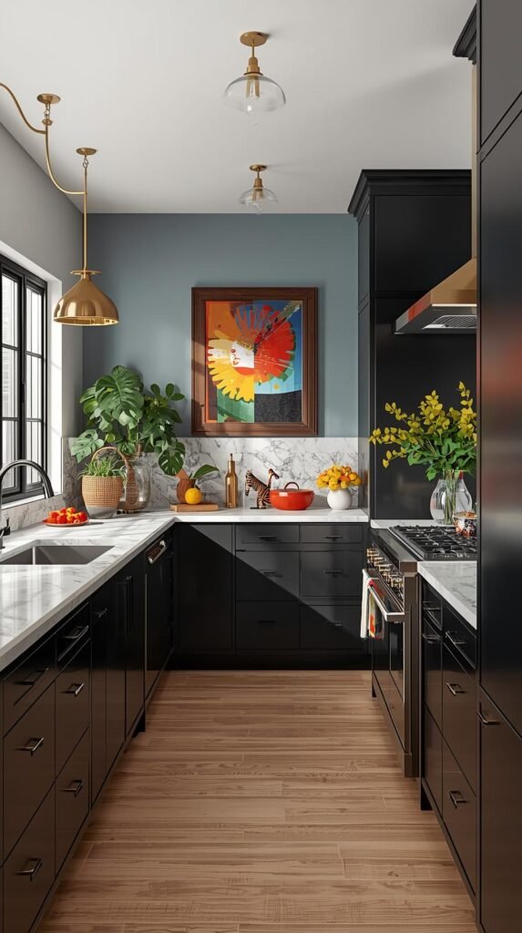 A bright eclectic kitchen with mixed metallic finishes—brass pendant lighting, chrome appliances, black hardware accents; dynamic interplay of warm and cool tones; black cabinetry and marble countertops; colorful art and plants adding vibrancy; full kitchen shot with strong natural light.