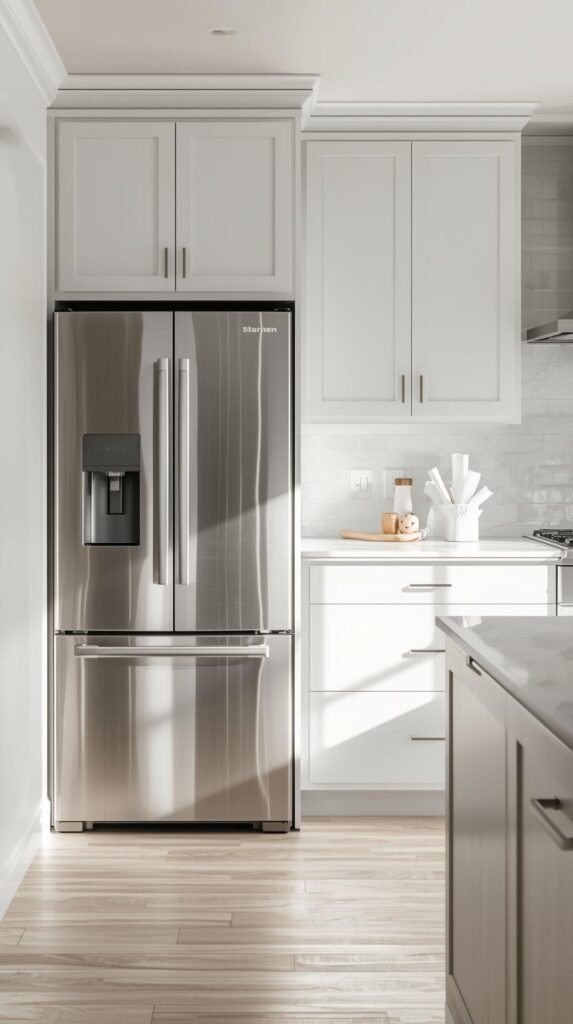 A bright, modern kitchen with stainless steel appliances, soft natural lighting, minimal decor, and a clean countertop.