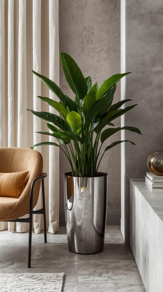A chrome planter with a lush green plant, placed beside an accent chair or on a shelf, surrounded by soft neutral textures.