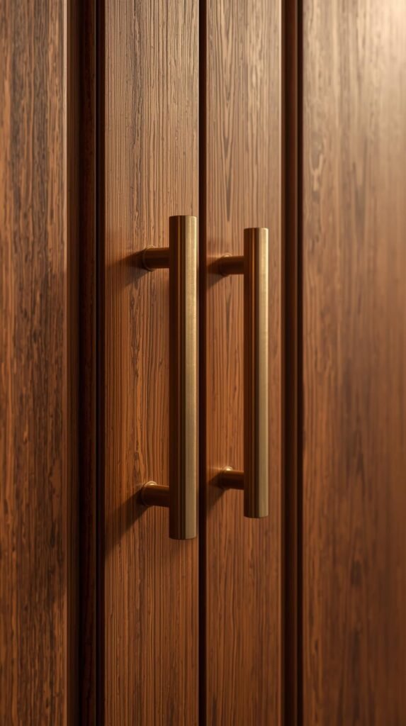 A close-up of cabinet doors showcasing champagne bronze and brushed brass hardware, rich wood cabinetry.